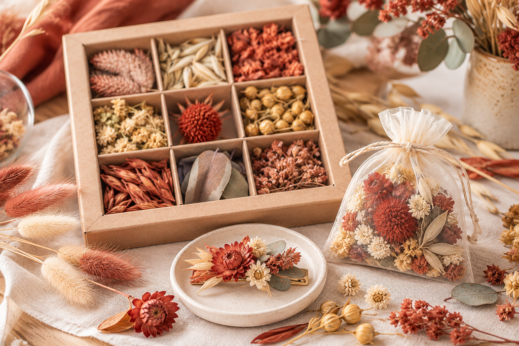 Idées de loisirs créatifs avec des têtes de fleurs séchées terracotta Terralya : sachet fleuri en organza et barrette décorée de fleurs séchées cuivrées, crème et naturelles, à côté d'un coffret ouvert.