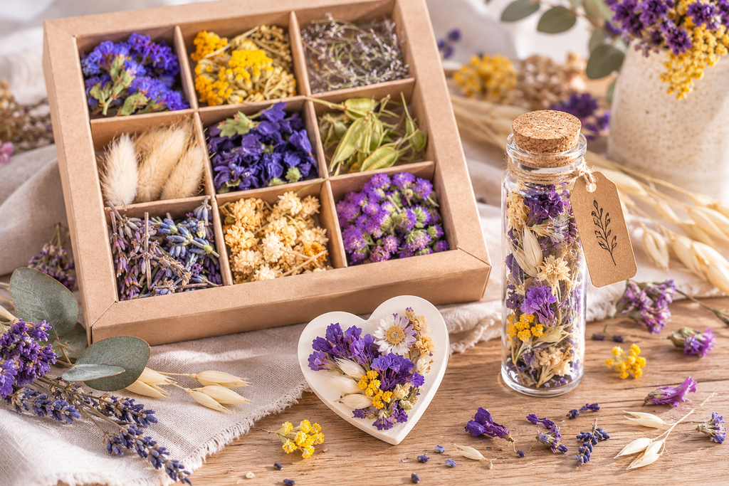 Idées de loisirs créatifs avec des têtes de fleurs séchées violettes Terralya : petite fiole en verre remplie de fleurs et mini-cœur aimanté blanc décoré de fleurs violettes, jaunes et naturelles.