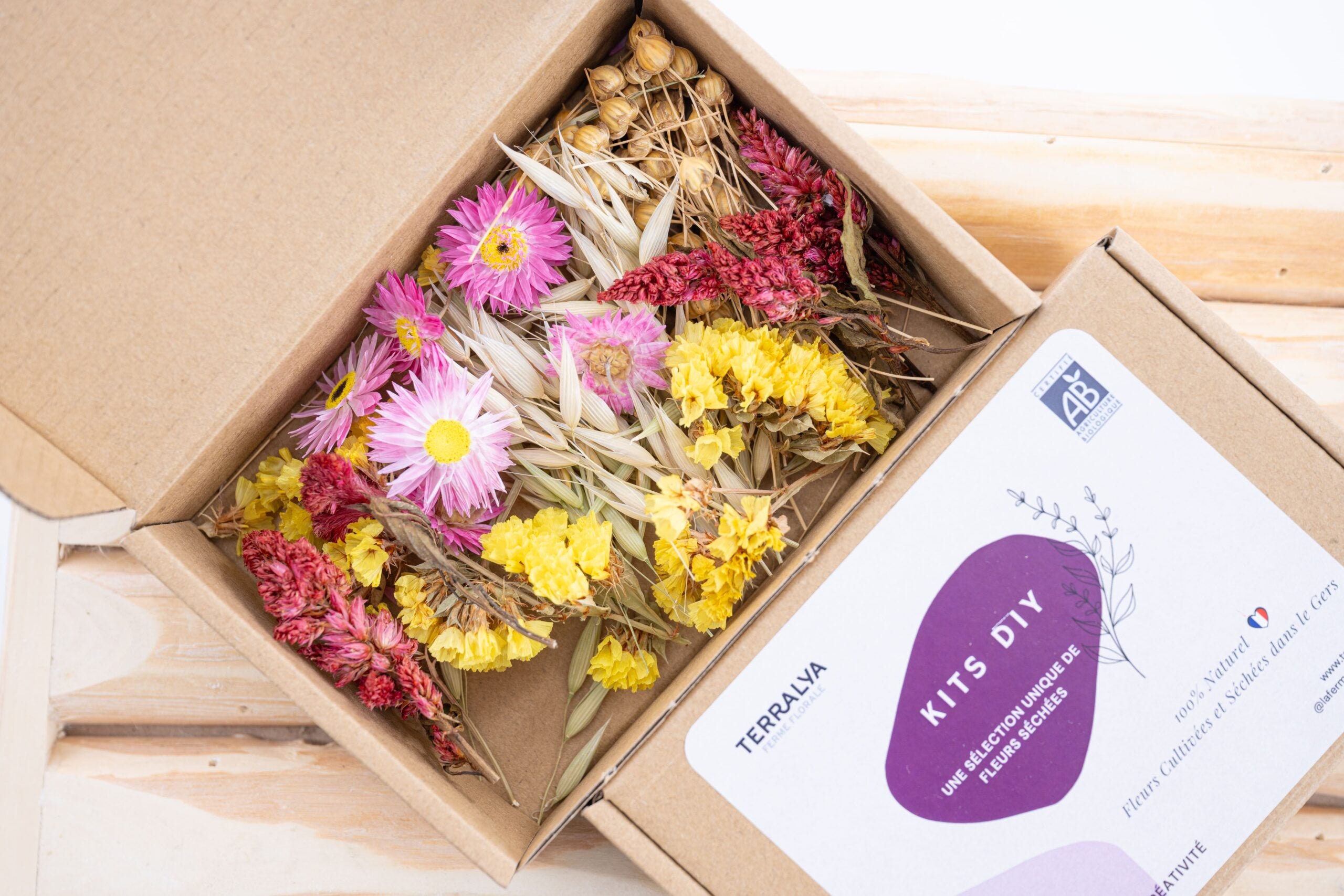 Kit d’assemblage floral en têtes de fleurs séchées champ coloré pour créations fines