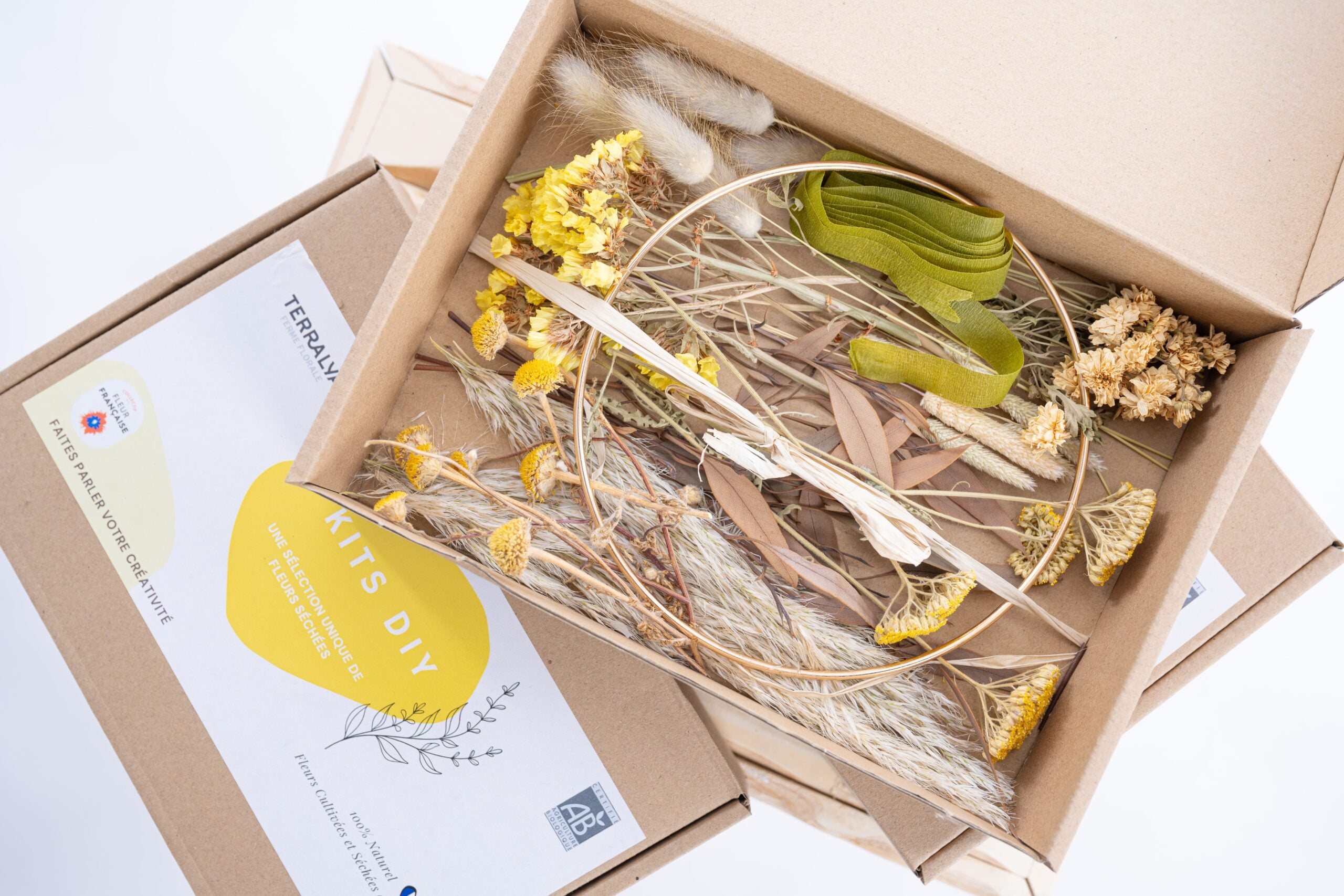 kit diy couronne jaune fleurs sechees artisanales bio