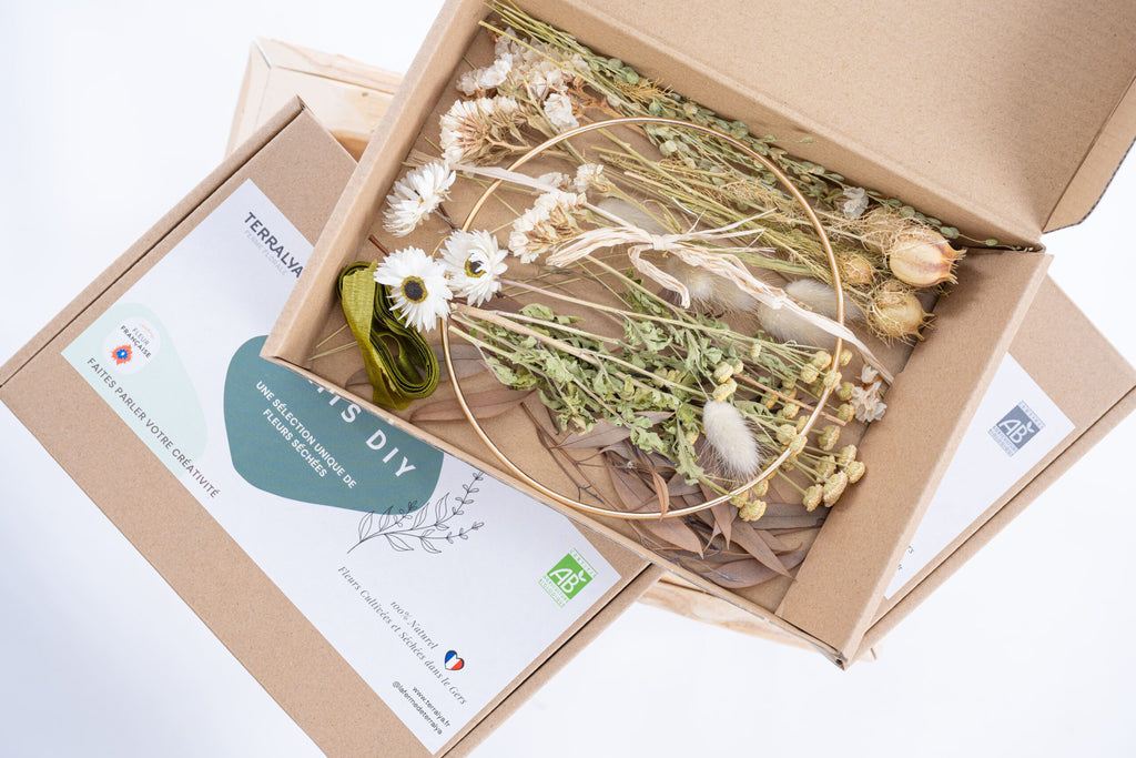 kit diy couronne fleurs sechees bio nature vert blanc terralya