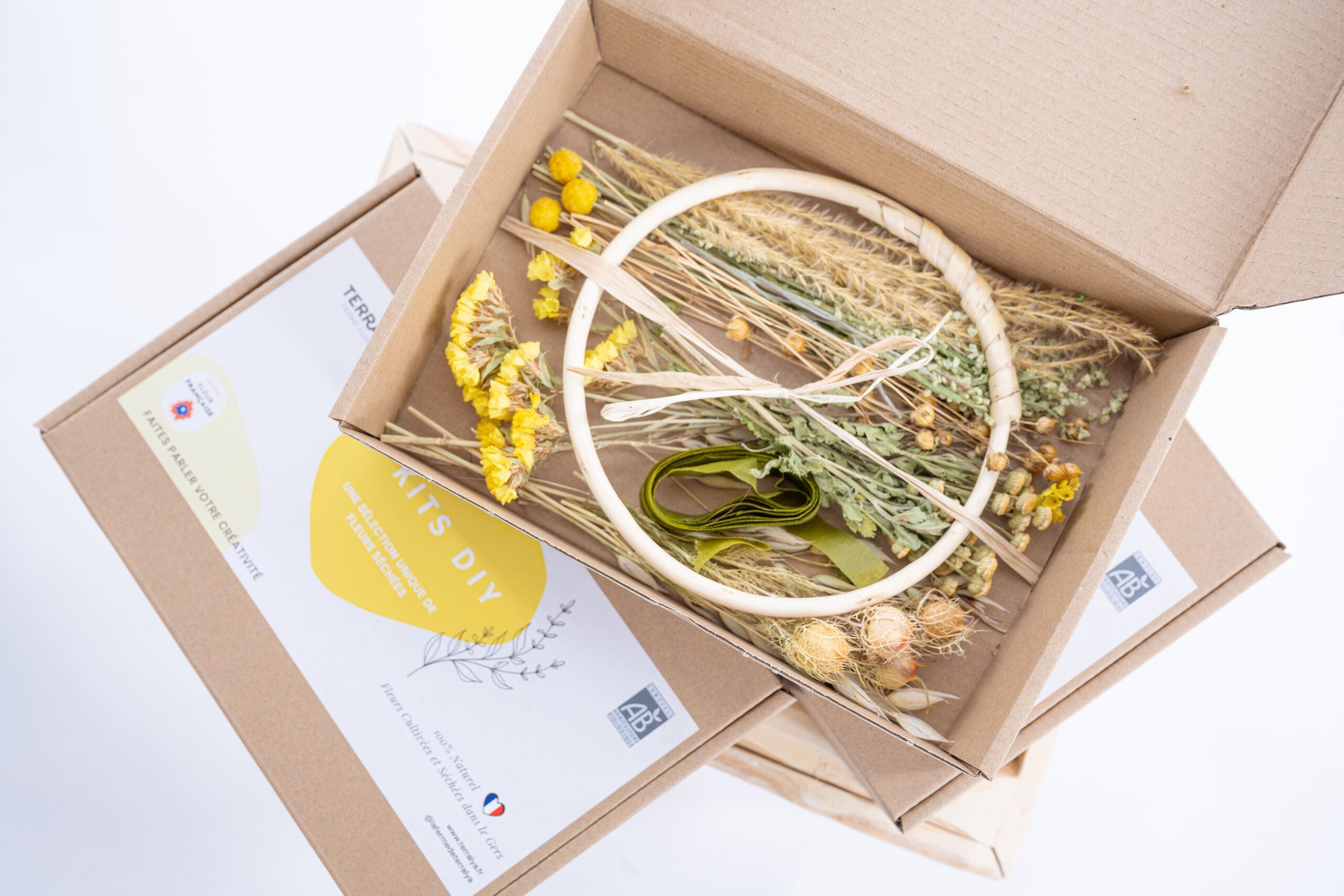 kit diy jaune couronne fleurs sechees naturelles terralya