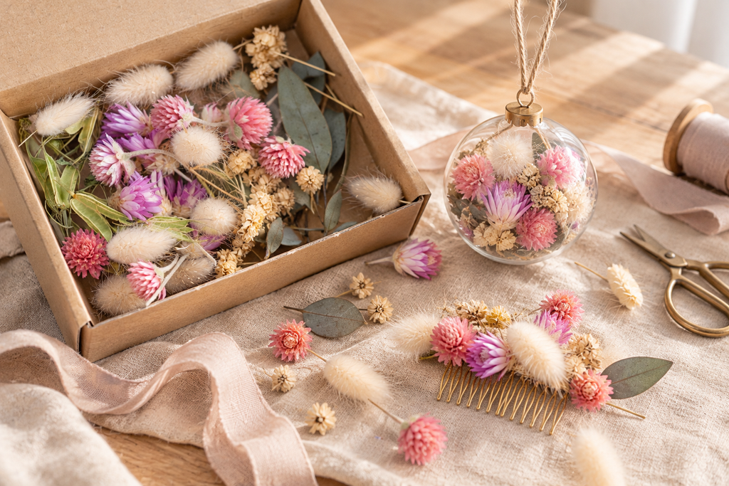Kit DIY Douceur botanique Terralya avec fleurs séchées bio, boule fleurie et peigne fleuri