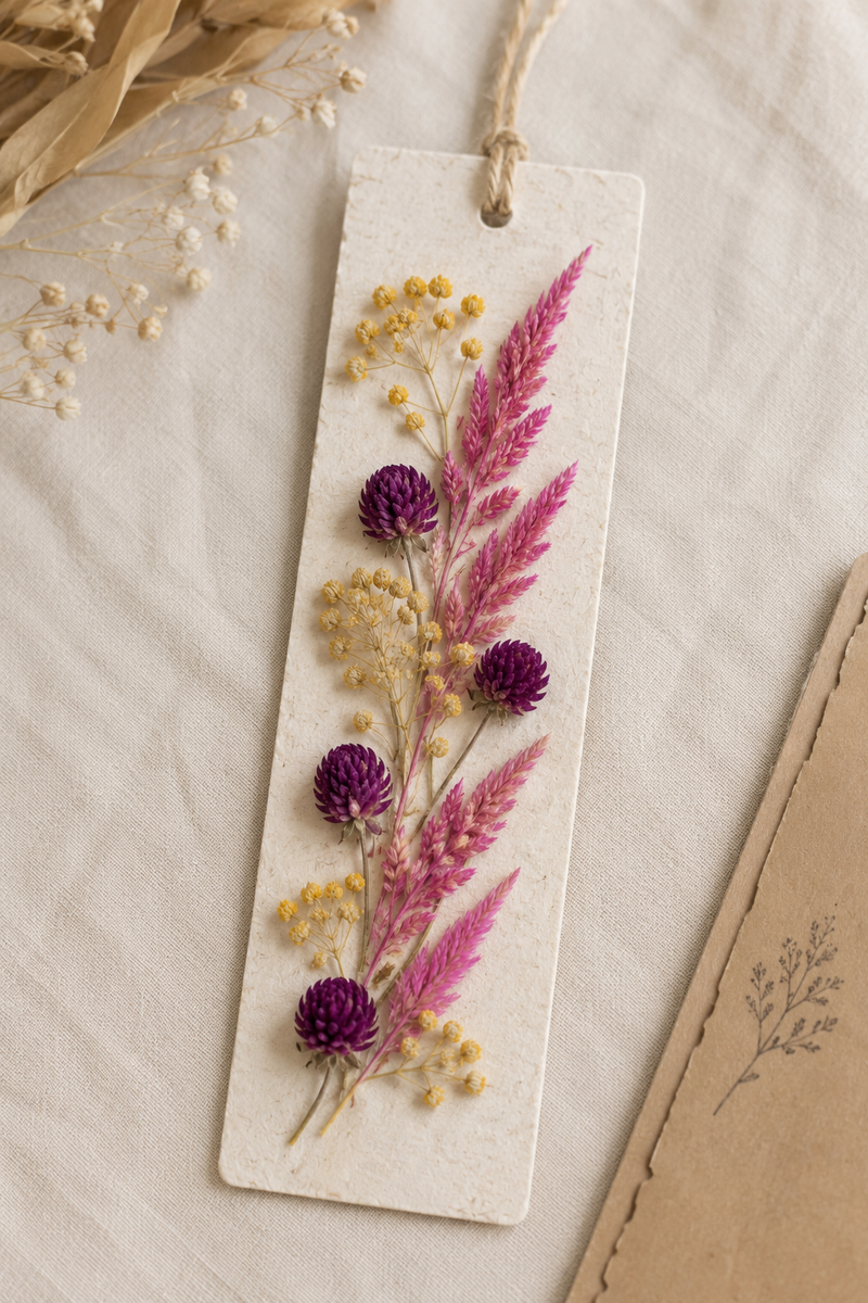 Marque-page en papier décoré de fleurs séchées avec achillée jaune, célosie Flamingo et gomphrena violette.