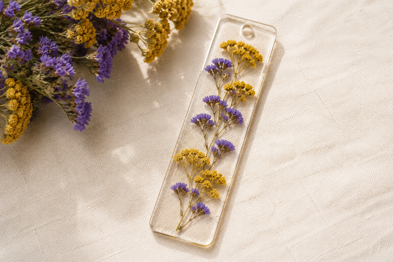 Marque-page en résine transparent décoré d'achillée jaune et de statice violet, réalisé avec des fleurs séchées naturelles françaises.