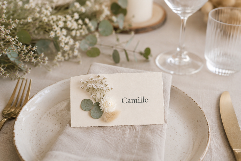 Création d’un marque-place de mariage avec têtes de fleurs séchées blanches, eucalyptus et lagurus.