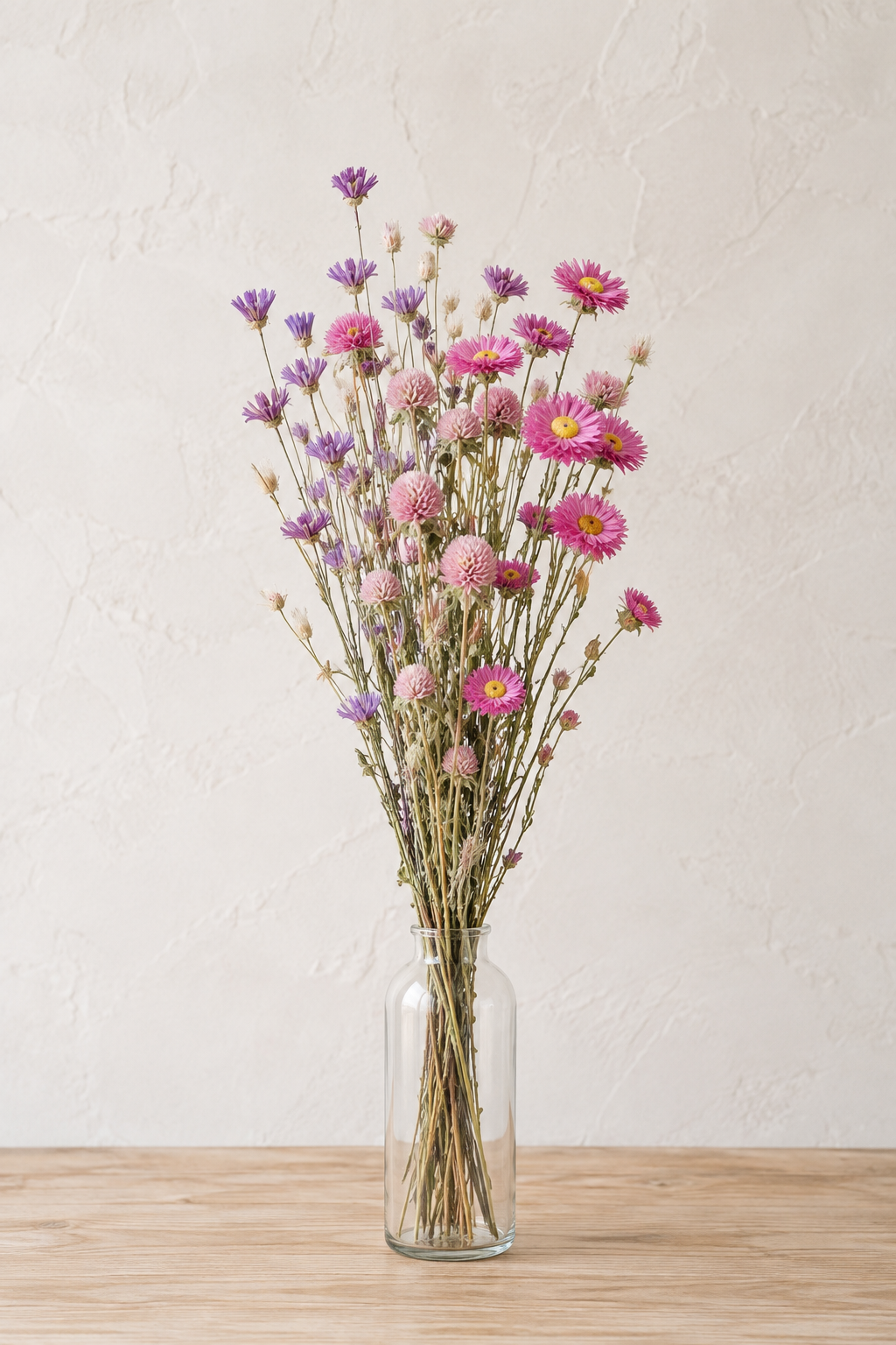 Mélange de fleurs séchées bio françaises aux tons rose, violet et blanc, cultivées par Terralya