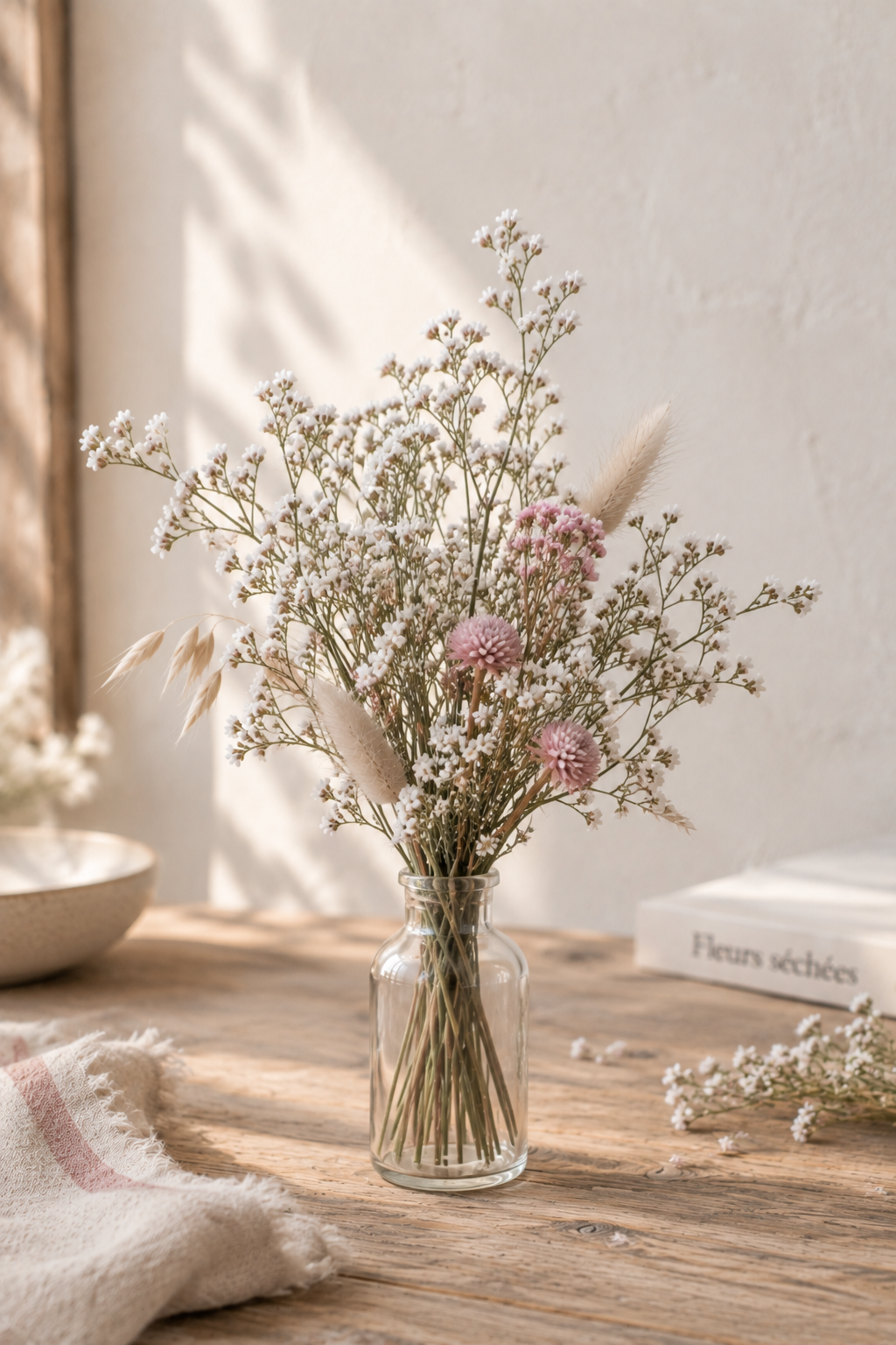 Mini bouquet champêtre de fleurs séchées au limonium tartaricum et fleurs rose pastel en vase