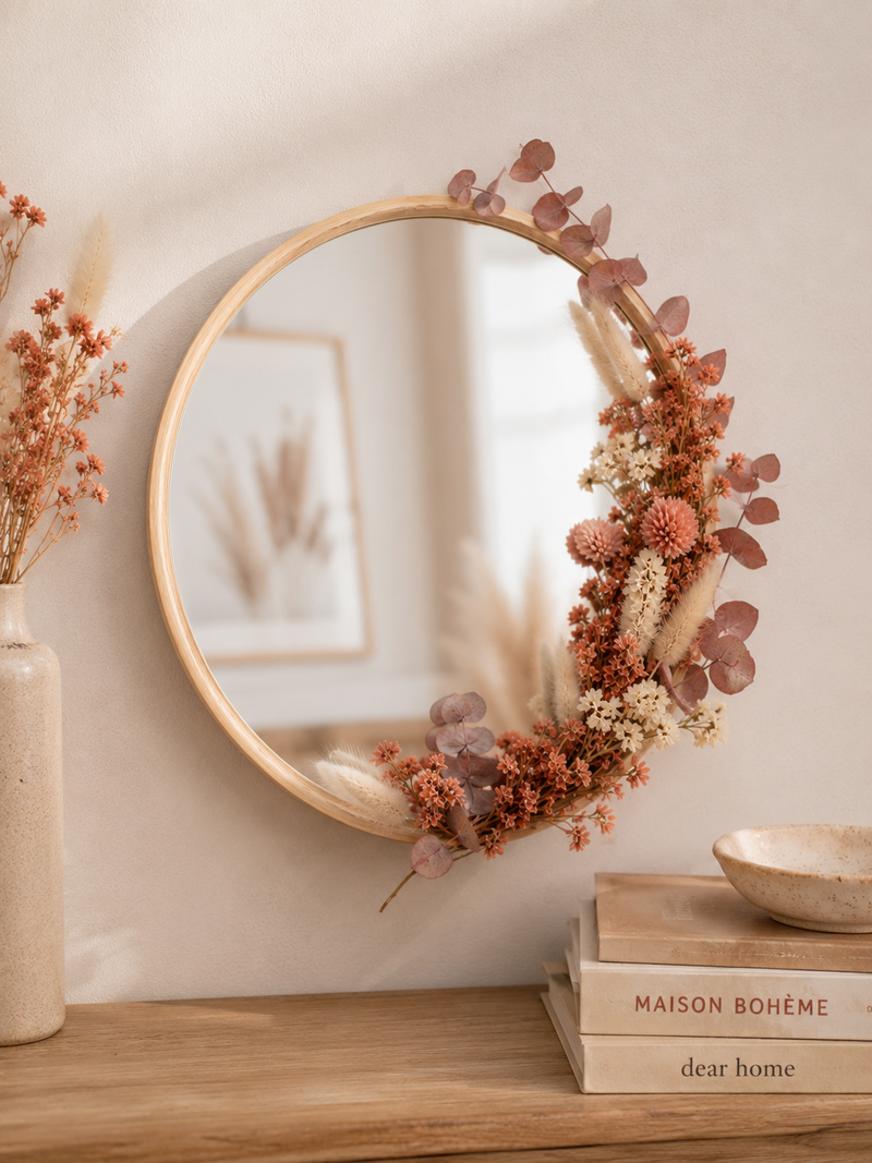 Miroir rond fleuri avec des fleurs séchées françaises dans une décoration intérieure bohème aux teintes terracotta et naturelles.