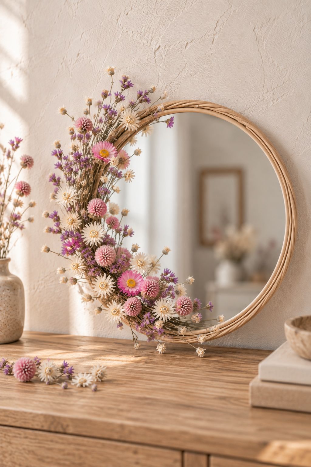 Miroir décoré de fleurs séchées roses, violettes et blanches dans un intérieur naturel