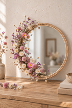 Miroir décoré de fleurs séchées roses, violettes et blanches dans un intérieur naturel