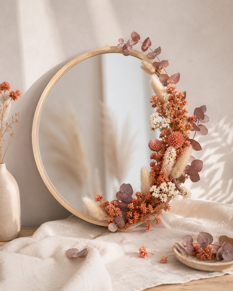 Miroir rond en bois décoré de fleurs séchées françaises dans des tons terracotta, blanc et eucalyptus pour une décoration bohème naturelle.
