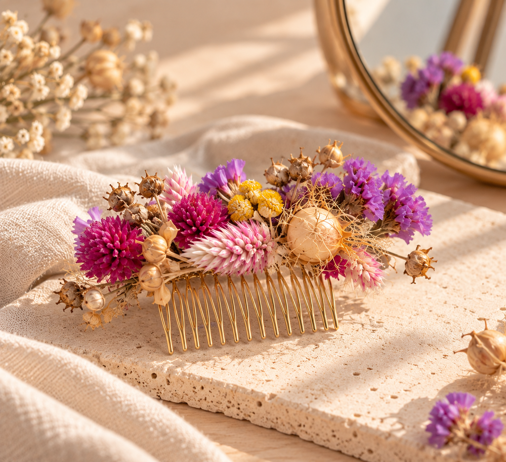 Peigne à cheveux doré décoré de têtes de fleurs séchées, idée de création avec le kit DIY Terralya
