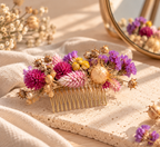 Peigne à cheveux doré décoré de têtes de fleurs séchées, idée de création avec le kit DIY Terralya