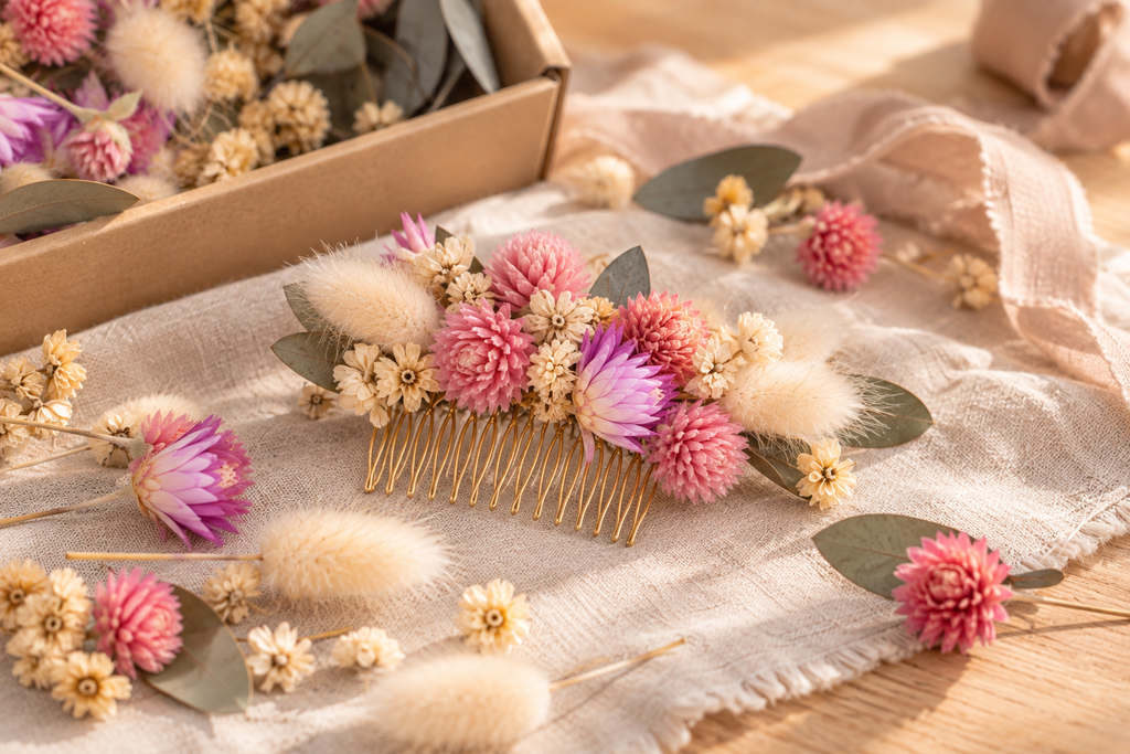 Peigne fleuri réalisé avec le kit DIY Douceur botanique et des fleurs séchées bio Terralya
