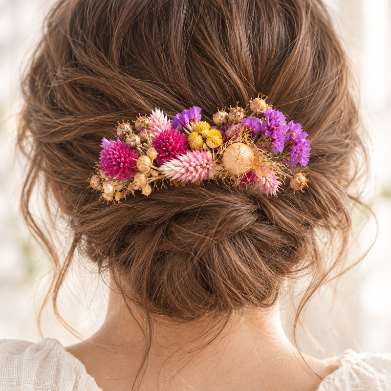 Peigne en fleurs séchées du kit Rose sauvage porté dans un chignon brun, vu de dos sur fond clair