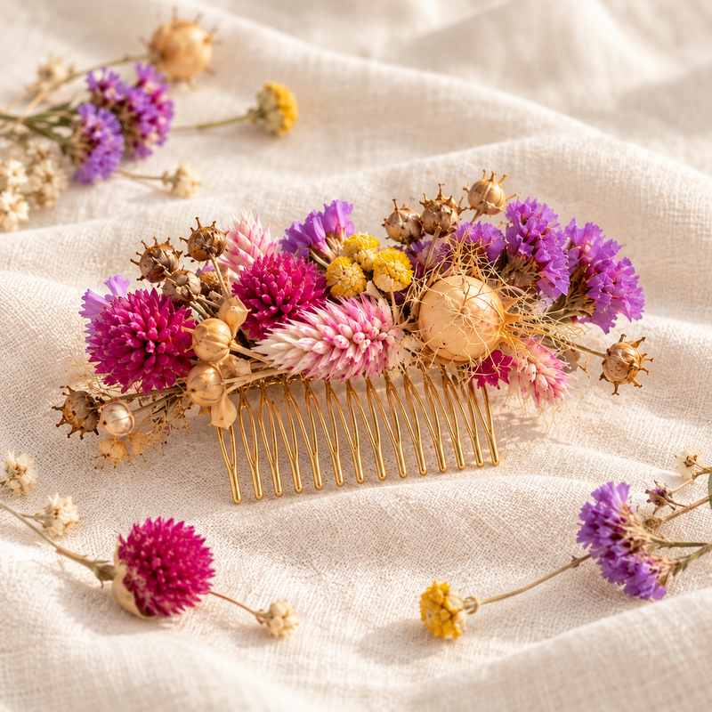 Peigne doré décoré de fleurs séchées roses, violettes et jaunes du kit Rose sauvage, posé sur une nappe claire.