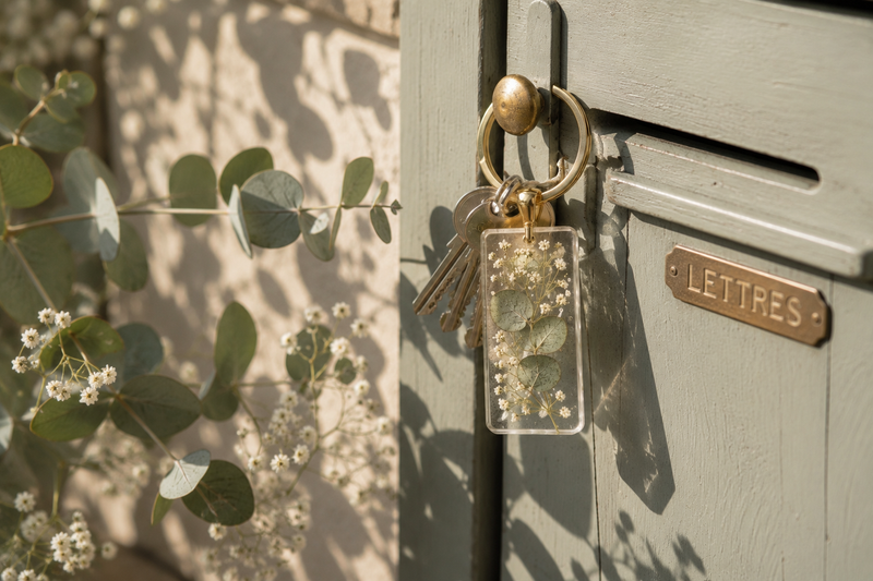 Porte-clés en résine décoré d'eucalyptus et de gypsophile séchés suspendu à une boîte aux lettres en bois, dans un style naturel et épuré.