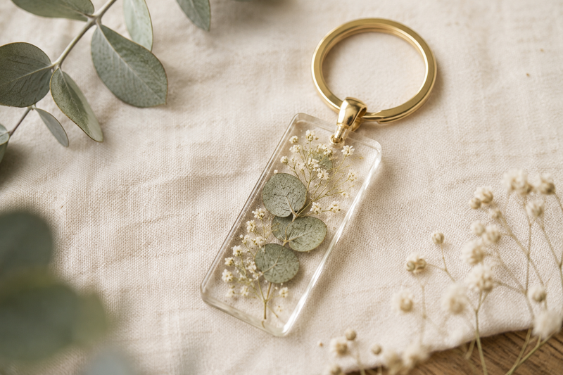 Porte-clés en résine transparent avec eucalyptus et gypsophile séchés, réalisé avec des fleurs séchées naturelles françaises.