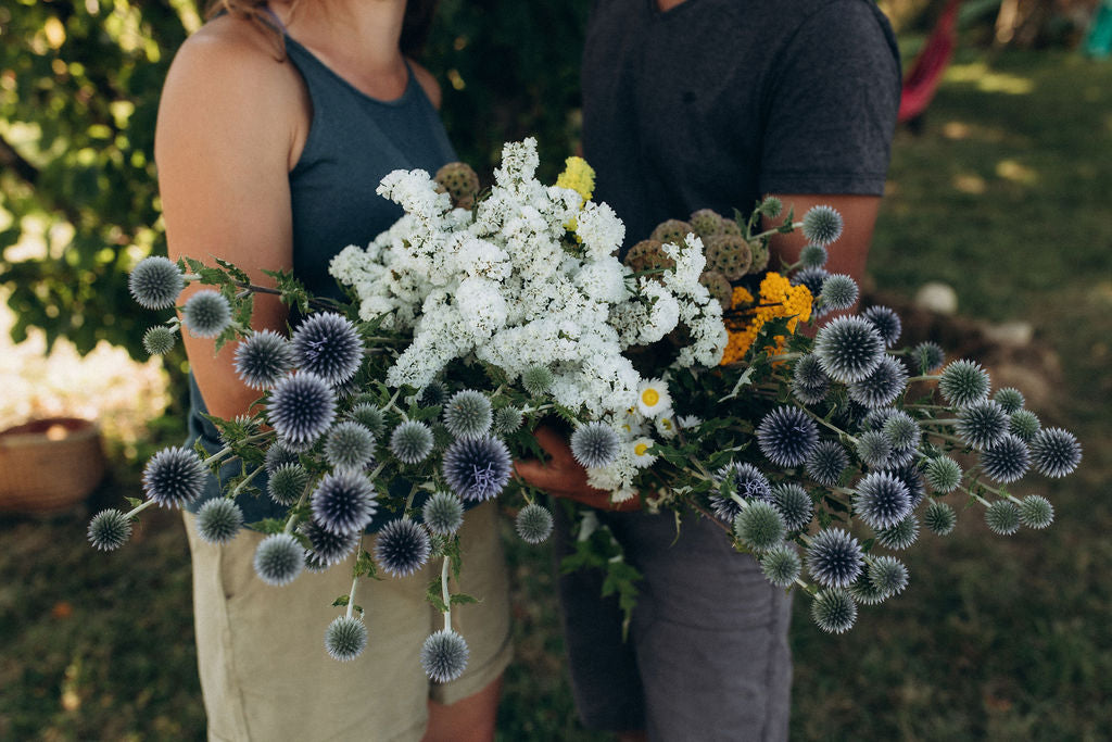 Aurélien et Léa tenant leurs bottes de fleurs séchées