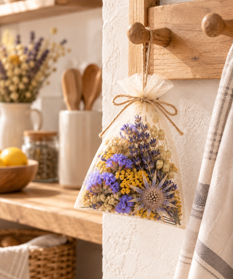 Sachet fleuri réalisé avec le kit DIY Éclat provençal et ses fleurs séchées Terralya