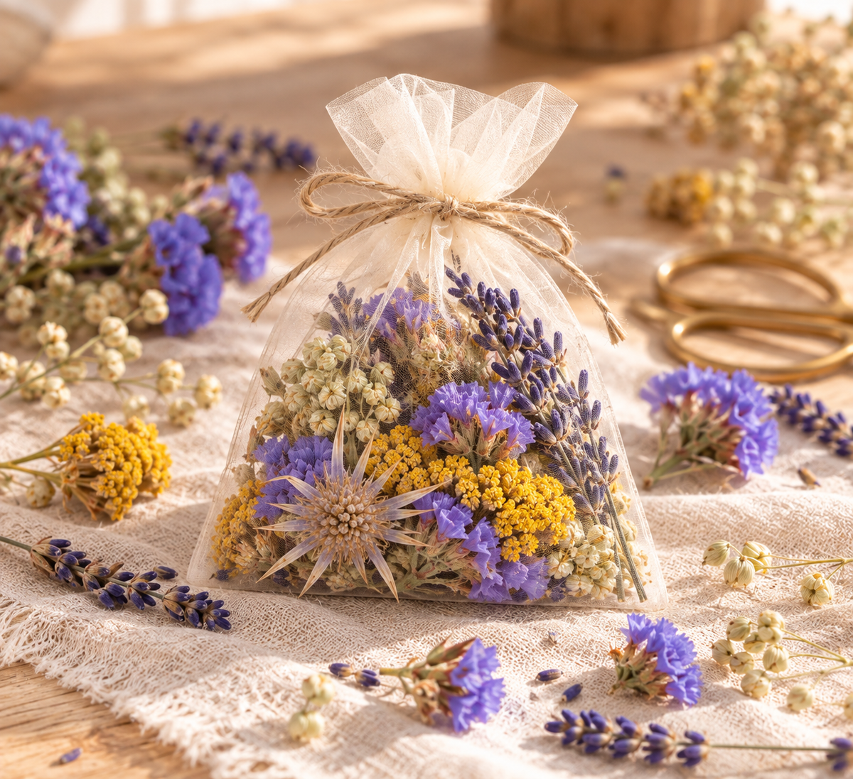 Sachet fleuri DIY garni de fleurs séchées et de lavande cultivées chez Terralya
