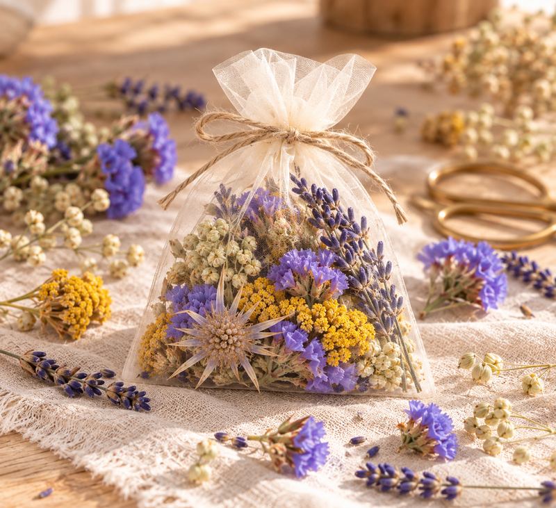 Sachet fleuri DIY garni de fleurs séchées et de lavande cultivées chez Terralya