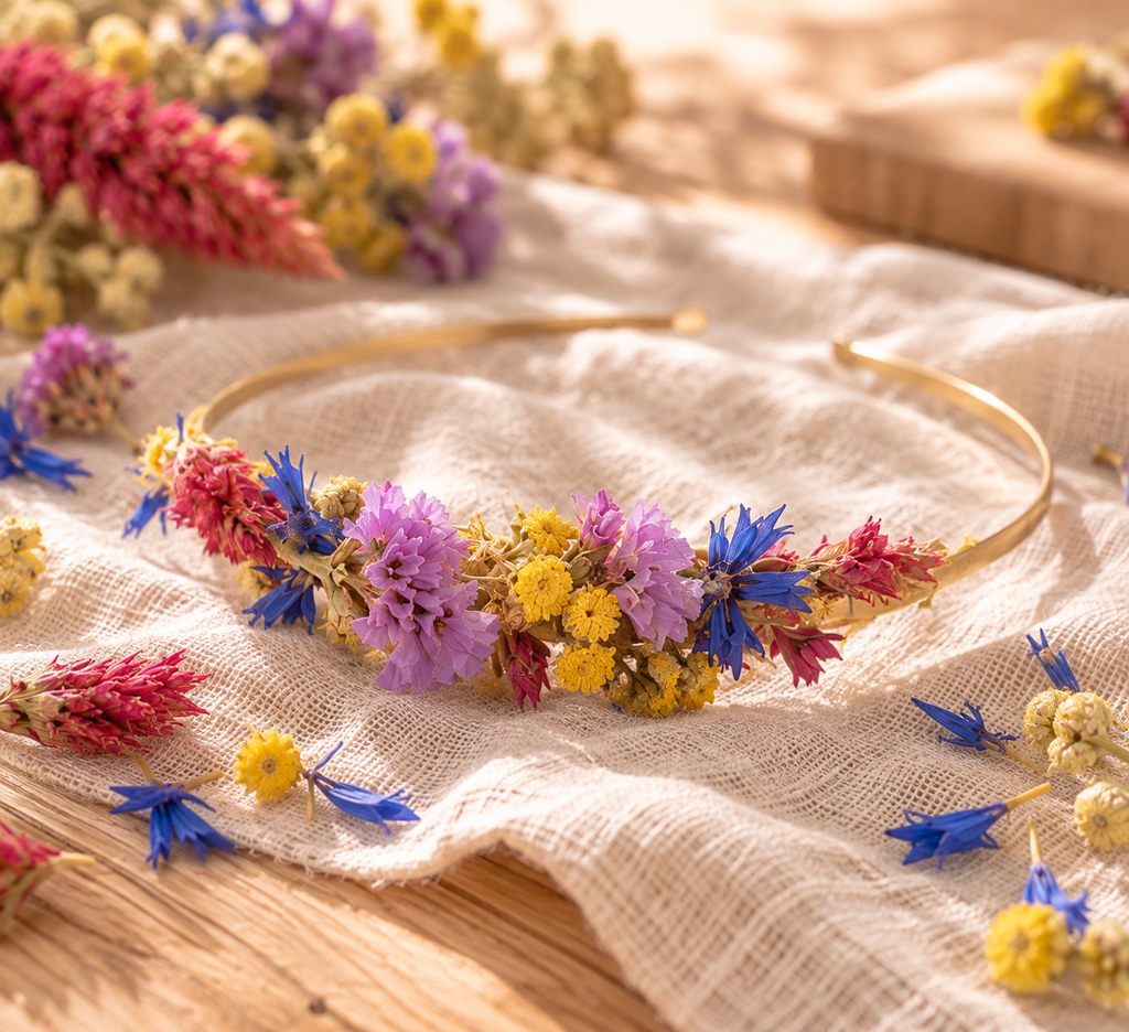 Serre-tête fleuri réalisé avec les fleurs séchées du kit Pastel champêtre Terralya