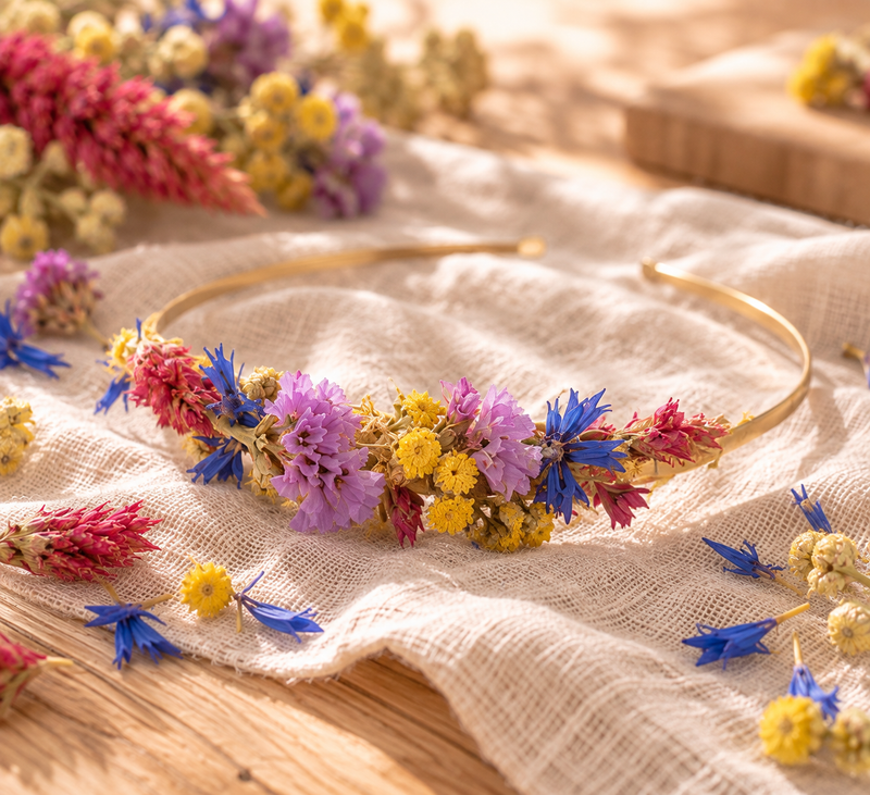 Serre-tête fleuri réalisé avec les fleurs séchées du kit DIY Pastel champêtre Terralya