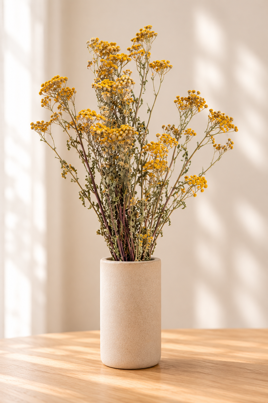 Botte de tanaisie séchée dans un vase en céramique blanc cassé, sur une table en bois devant un mur clair.
